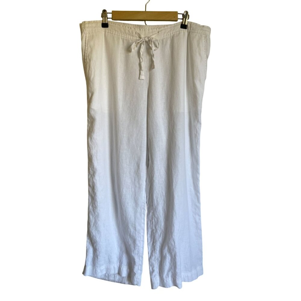 Island Shop US 12 White Linen Drawstring Straight Leg Pants Beachy Coastal Relax